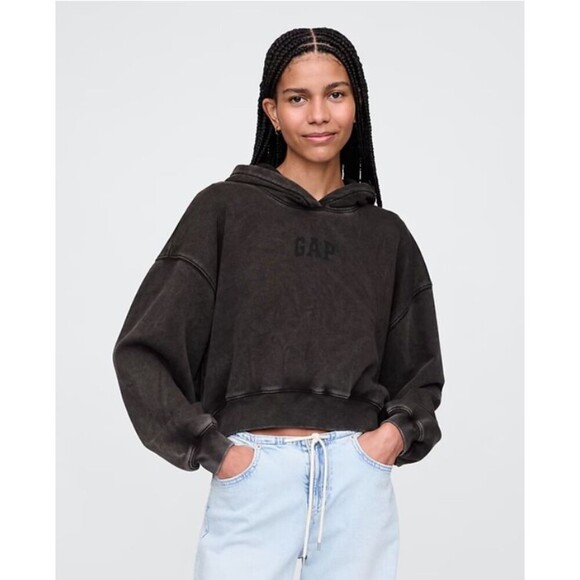 GAP Womens Crop Logo Hoodie Faded Black XSmall - Picture 4 of 14